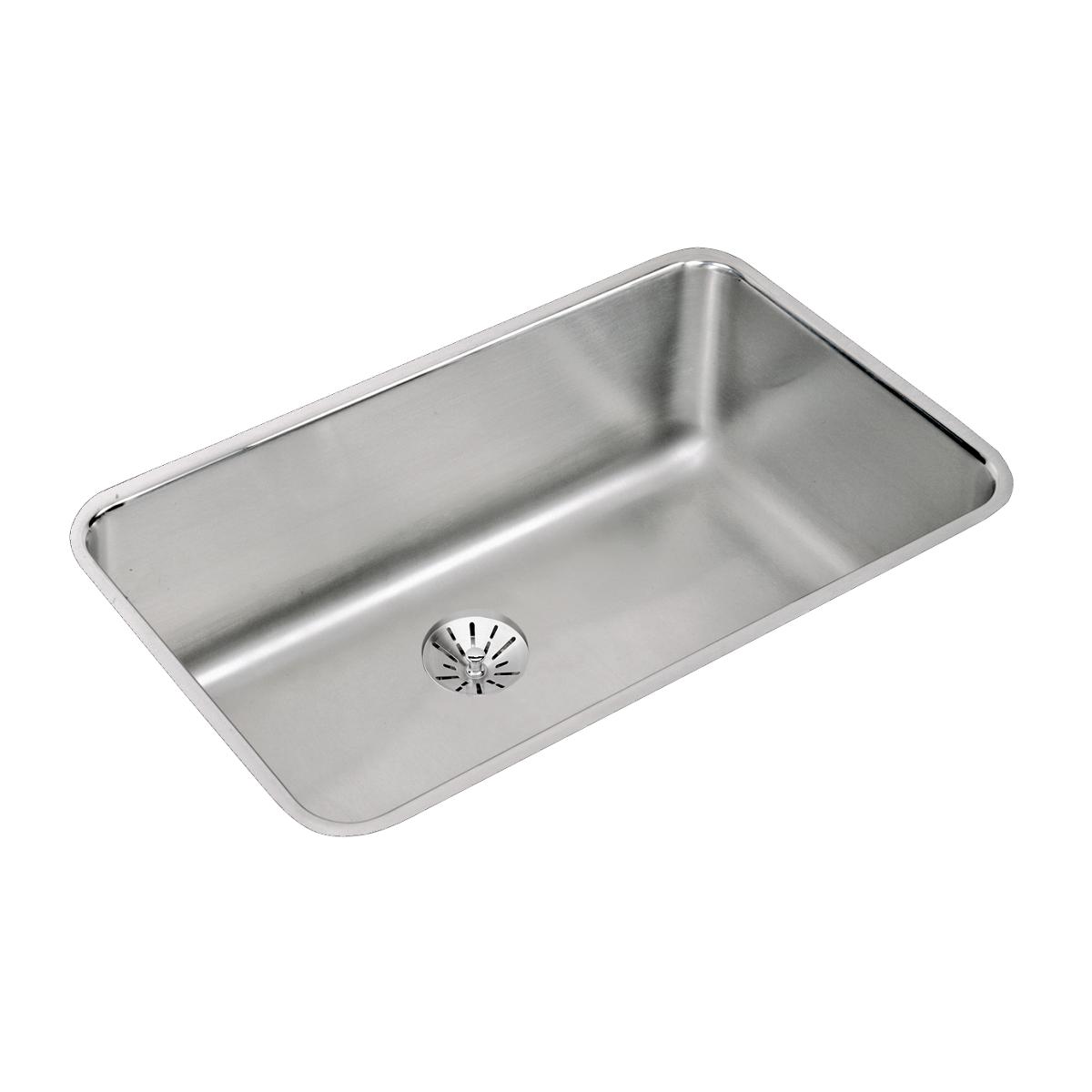 Stainless steel single bowl undermount sink with rounded corners and center drain opening.