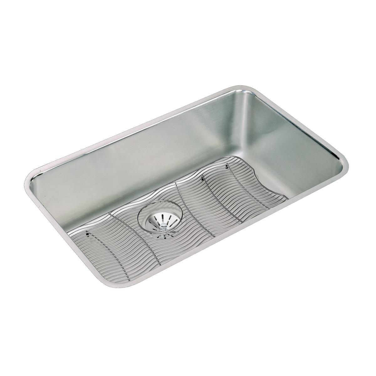 Stainless steel single bowl undermount sink with drain and ribbed bottom grid insert.