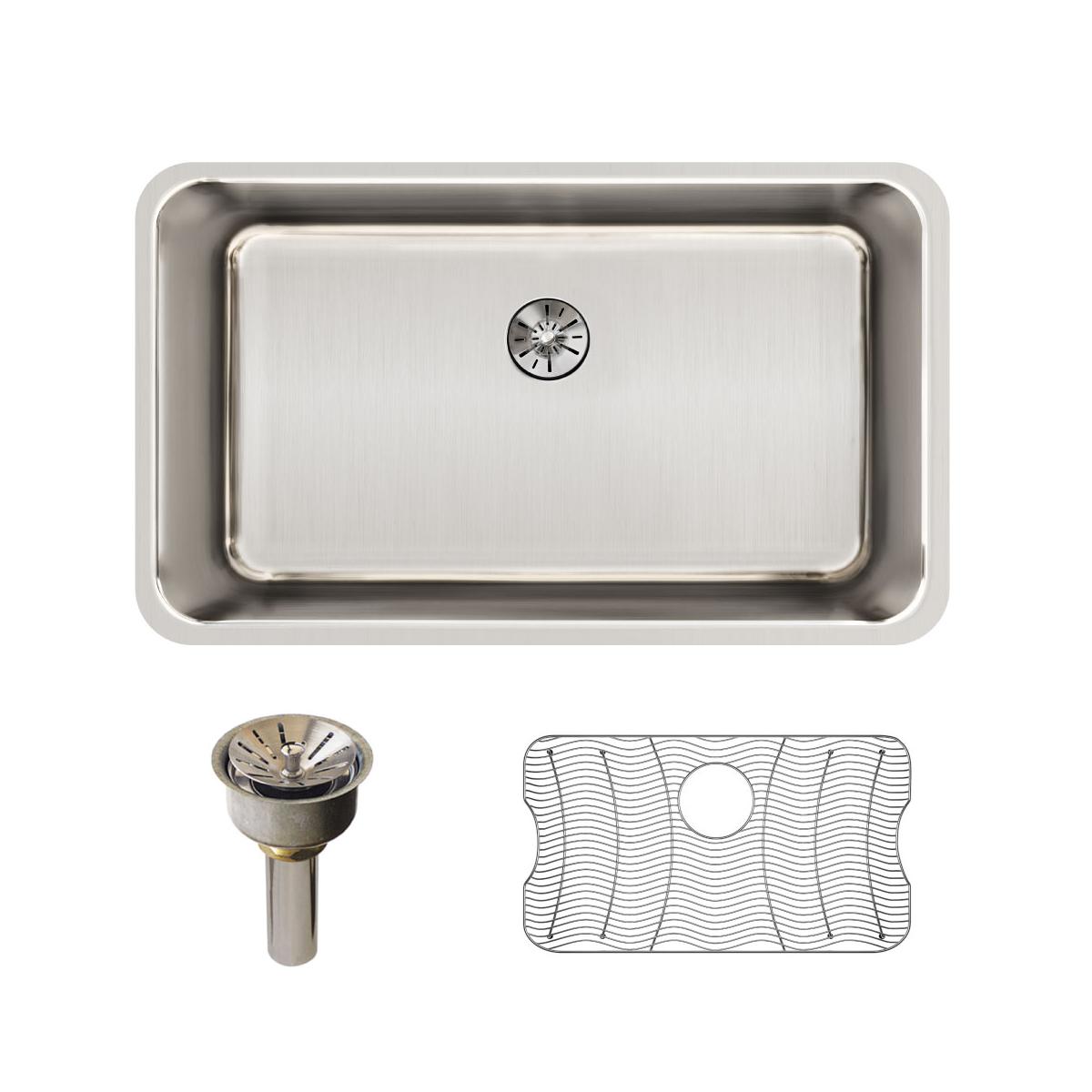 Stainless steel undermount sink bowl with drain assembly, protective grid mat, and included drain fitting shown from above.