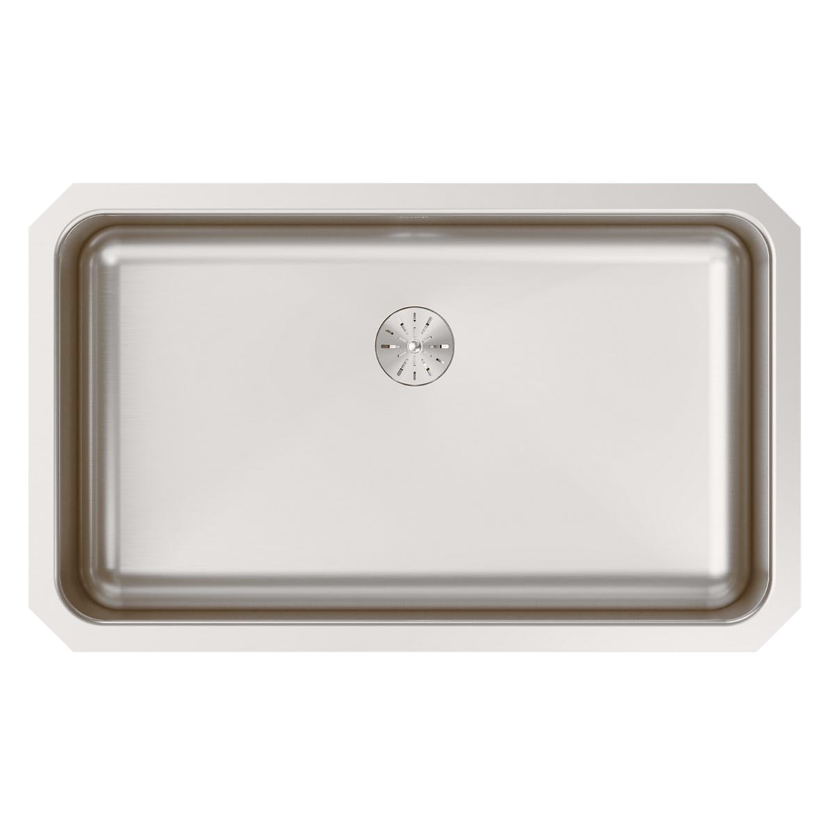 Stainless steel single bowl undermount sink with rounded corners and centered drain opening, viewed from above.