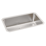Stainless steel single bowl undermount sink with rounded corners and center drain opening, viewed from above at an angle.