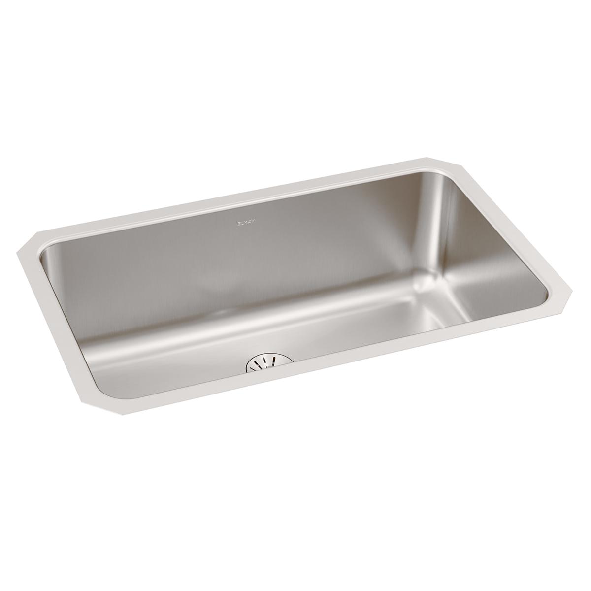 Stainless steel single bowl undermount sink with rounded corners and center drain opening, viewed from above at an angle.