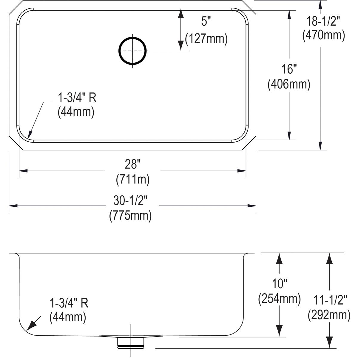 Stainless steel single bowl undermount sink with rounded corners, drain hole, and dimensional specifications for installation
