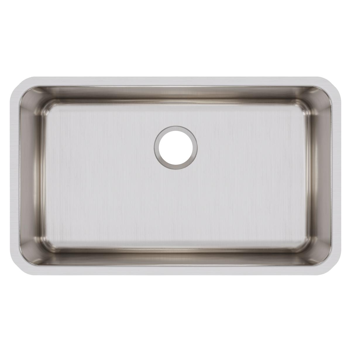 Stainless steel single bowl undermount sink with brushed finish and drain hole.