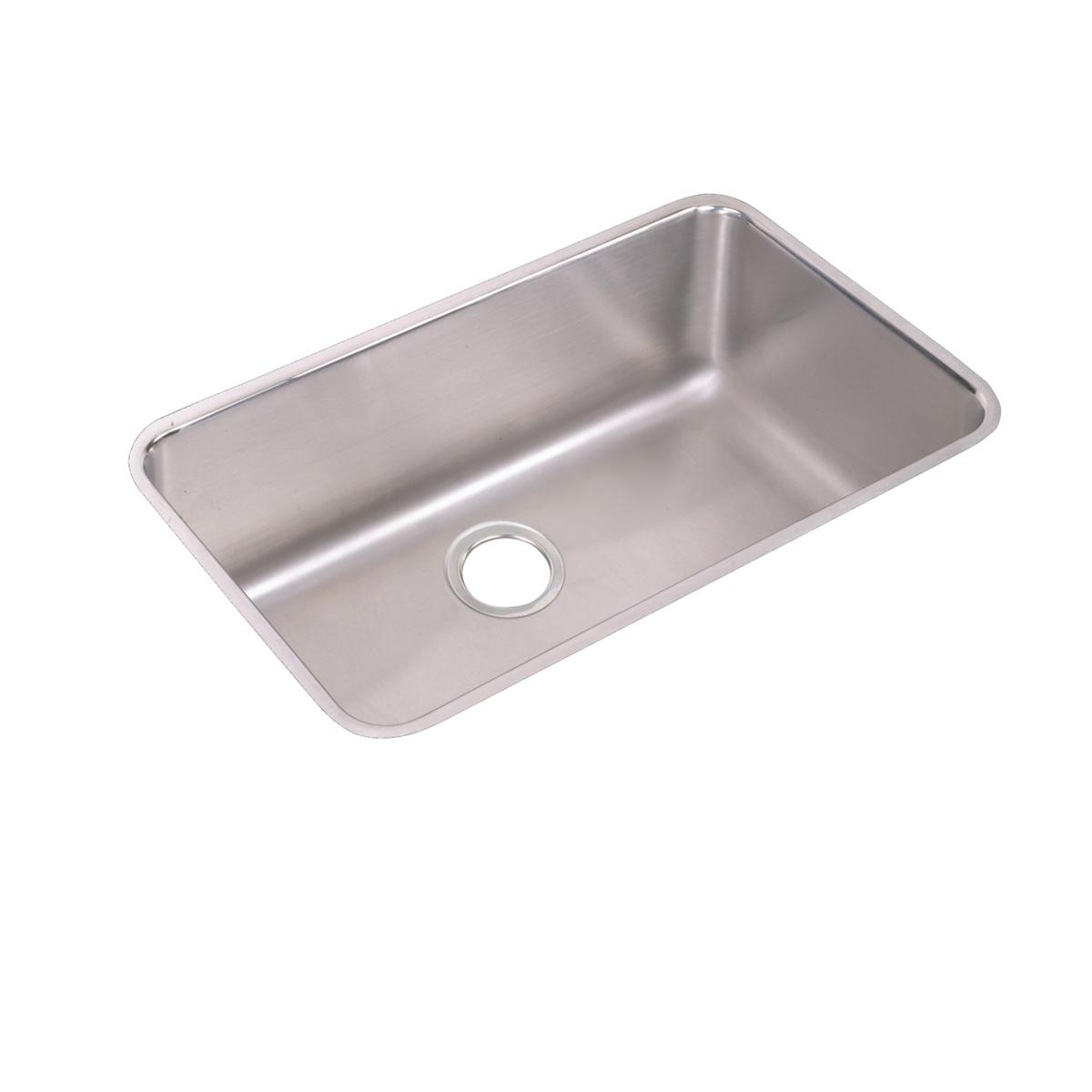 Stainless steel single bowl undermount sink with rounded corners and centered drain hole.