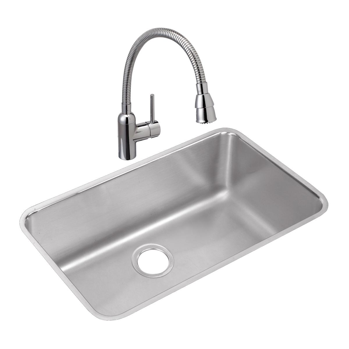 Stainless steel rectangular undermount sink with single bowl and chrome pull-down faucet.