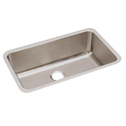 Stainless steel single bowl undermount sink with rounded corners and drain hole.