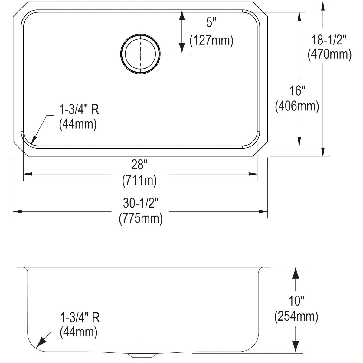 Stainless steel single bowl undermount sink with rounded corners and center drain hole, shown in top and side view technical 