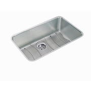 Stainless steel single bowl undermount sink with drain and protective grid insert.