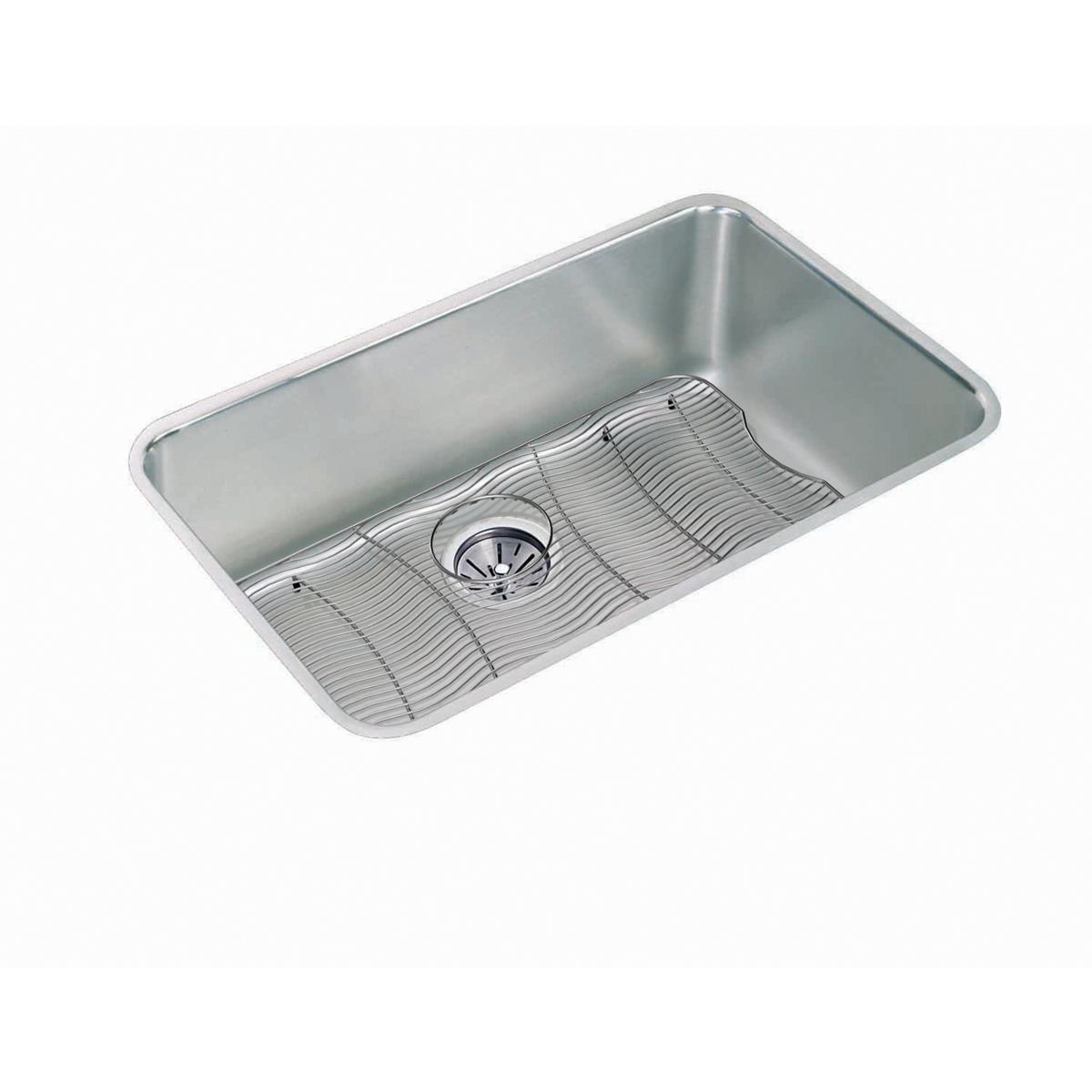 Stainless steel single bowl undermount sink with drain and protective grid insert.