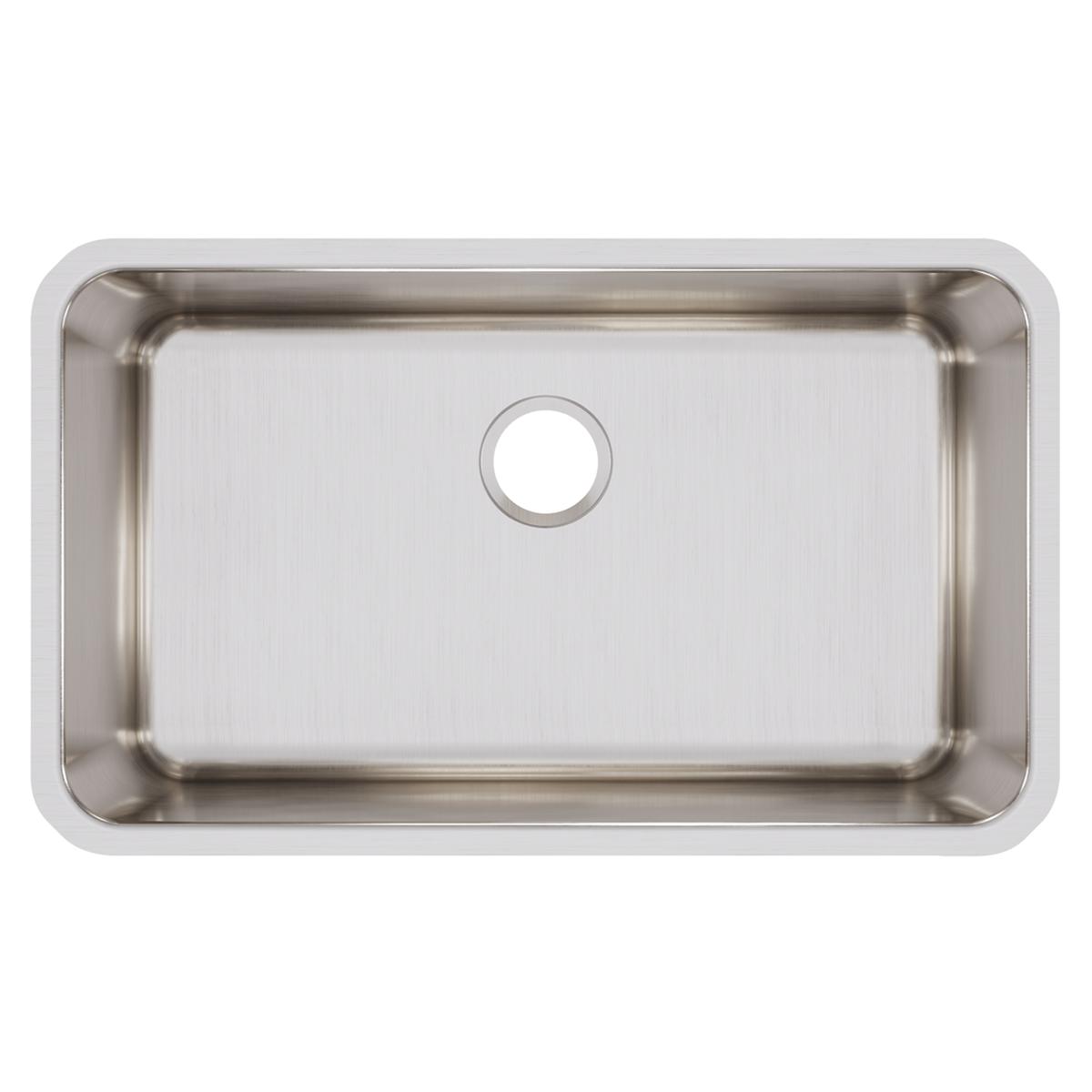 Stainless steel single bowl undermount sink with brushed finish and rounded corners, viewed from above.