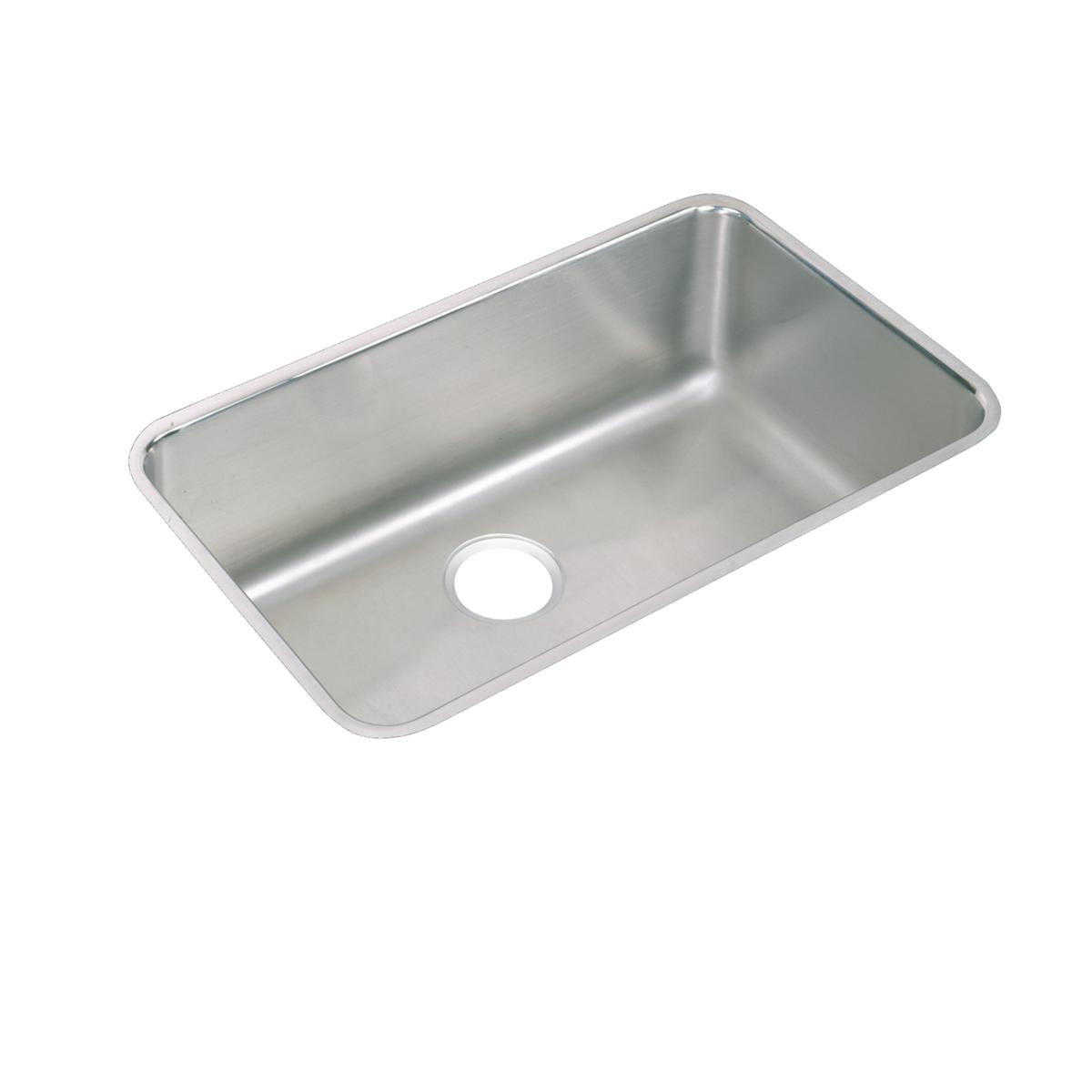 Stainless steel single bowl undermount sink with rounded corners and drain hole, viewed from above at an angle.