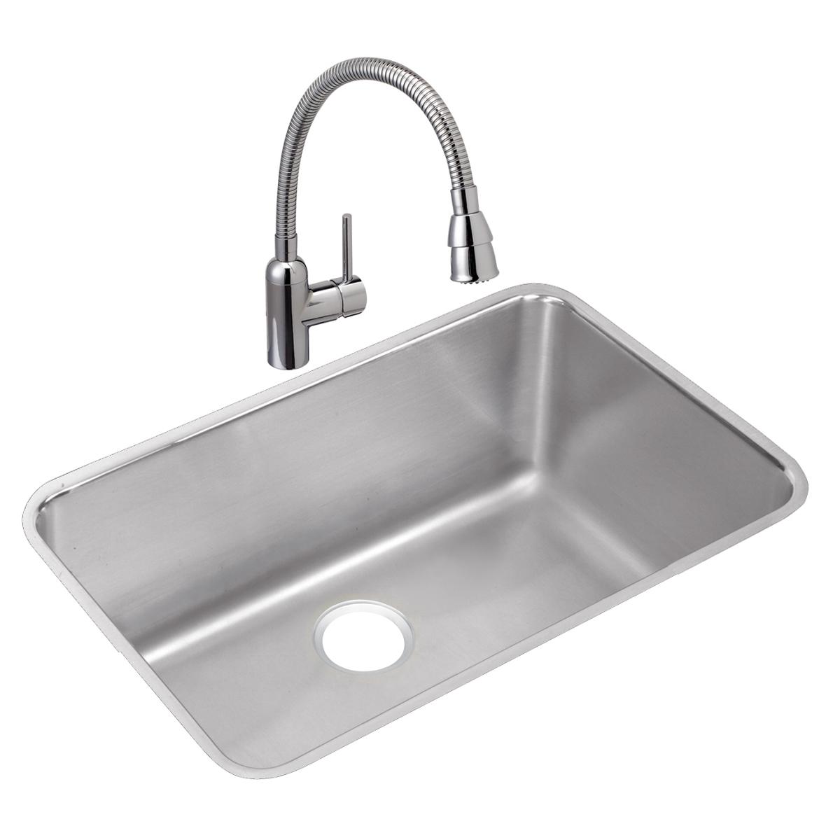 Stainless steel single bowl undermount sink with pull-down spray faucet and drain hole.