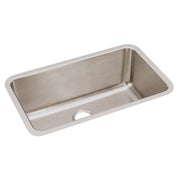 Stainless steel single bowl undermount sink with rounded corners and drain hole, shown from above at an angle.