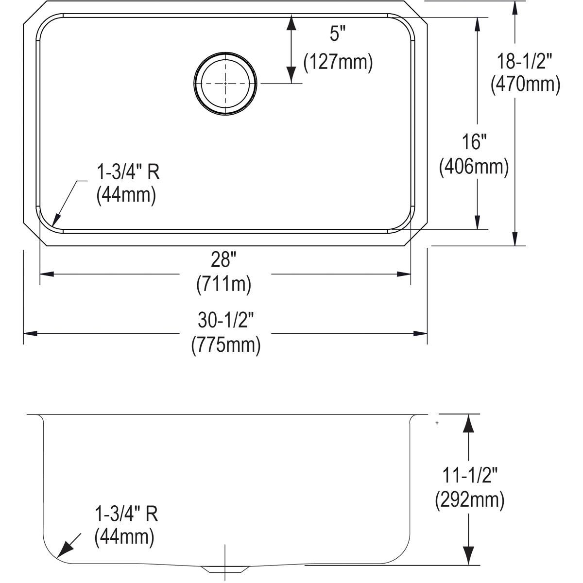 Stainless steel single bowl undermount sink with rounded corners and centered drain opening, shown in top and side technical 