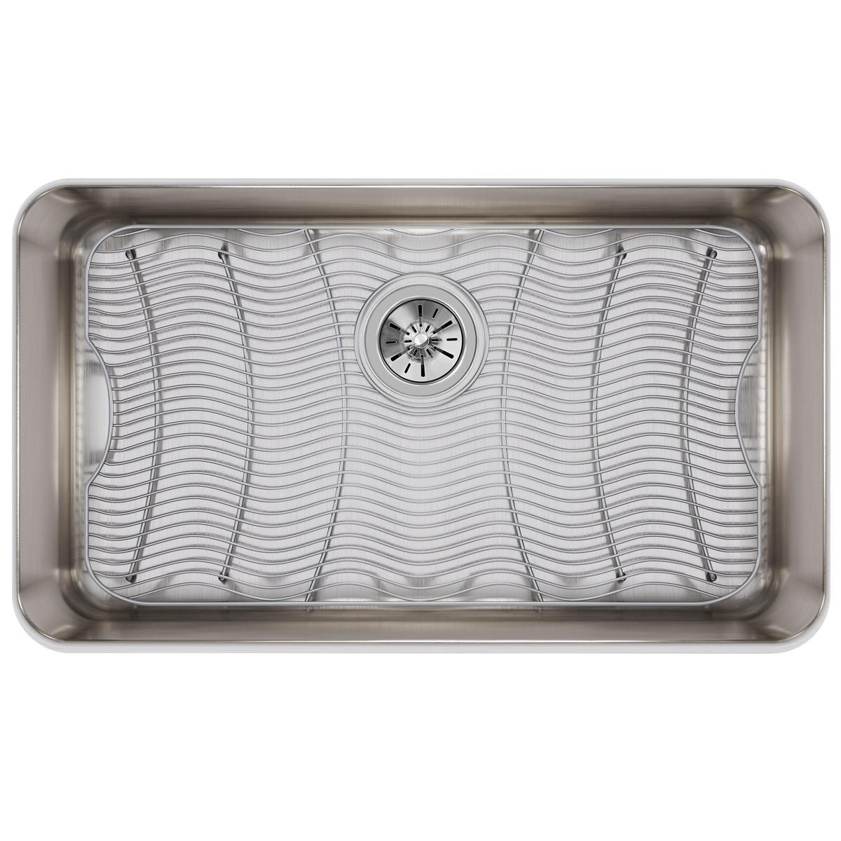 Stainless steel single bowl undermount sink with rounded corners, drain hole, and wavy bottom grid pattern.