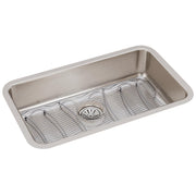 Stainless steel single bowl undermount sink with drain and wire strainer basket included.