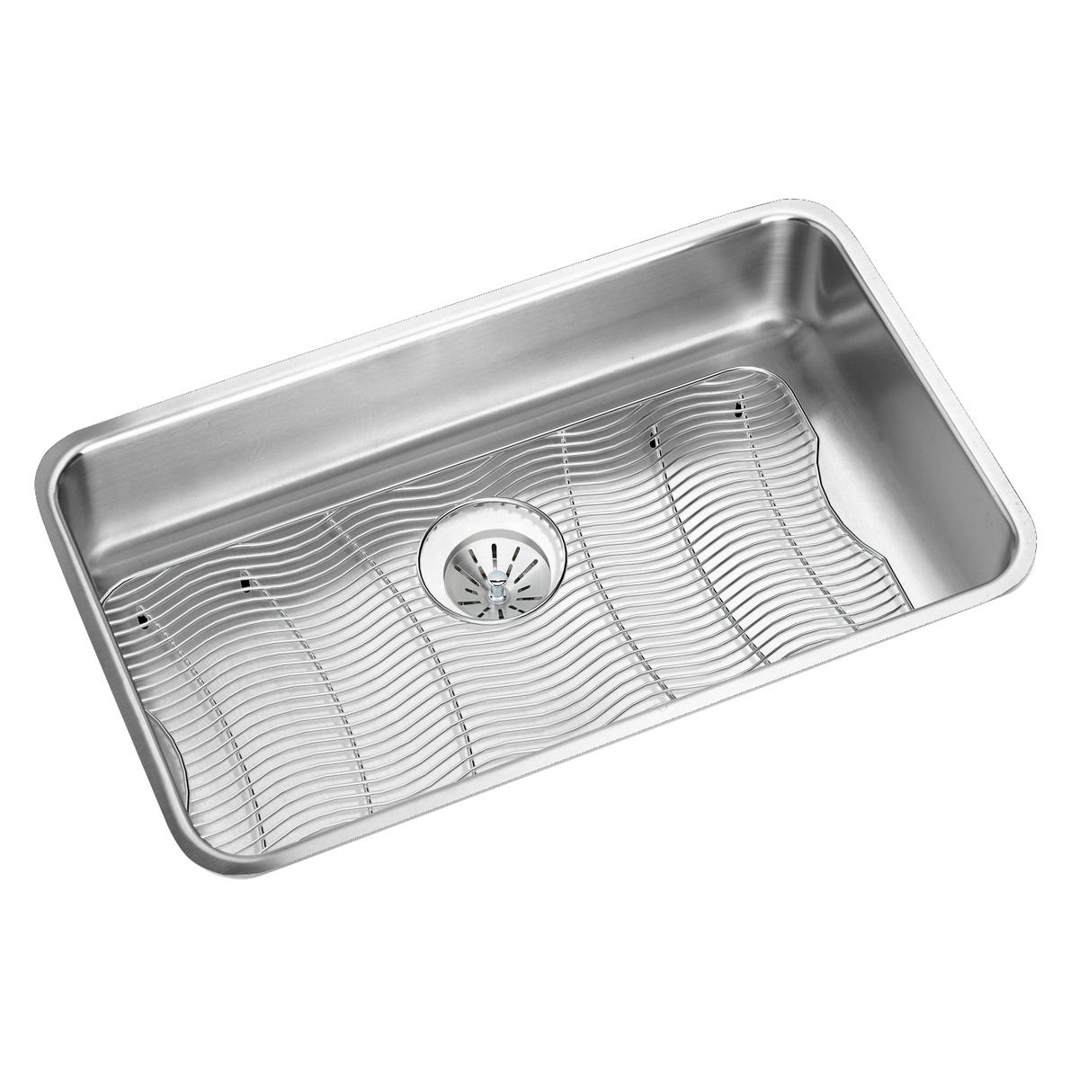 Stainless steel single bowl undermount sink with drain basket and rounded corners, viewed from above at an angle.