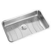 Stainless steel single bowl undermount sink with drain basket and rounded corners, viewed from above at an angle.