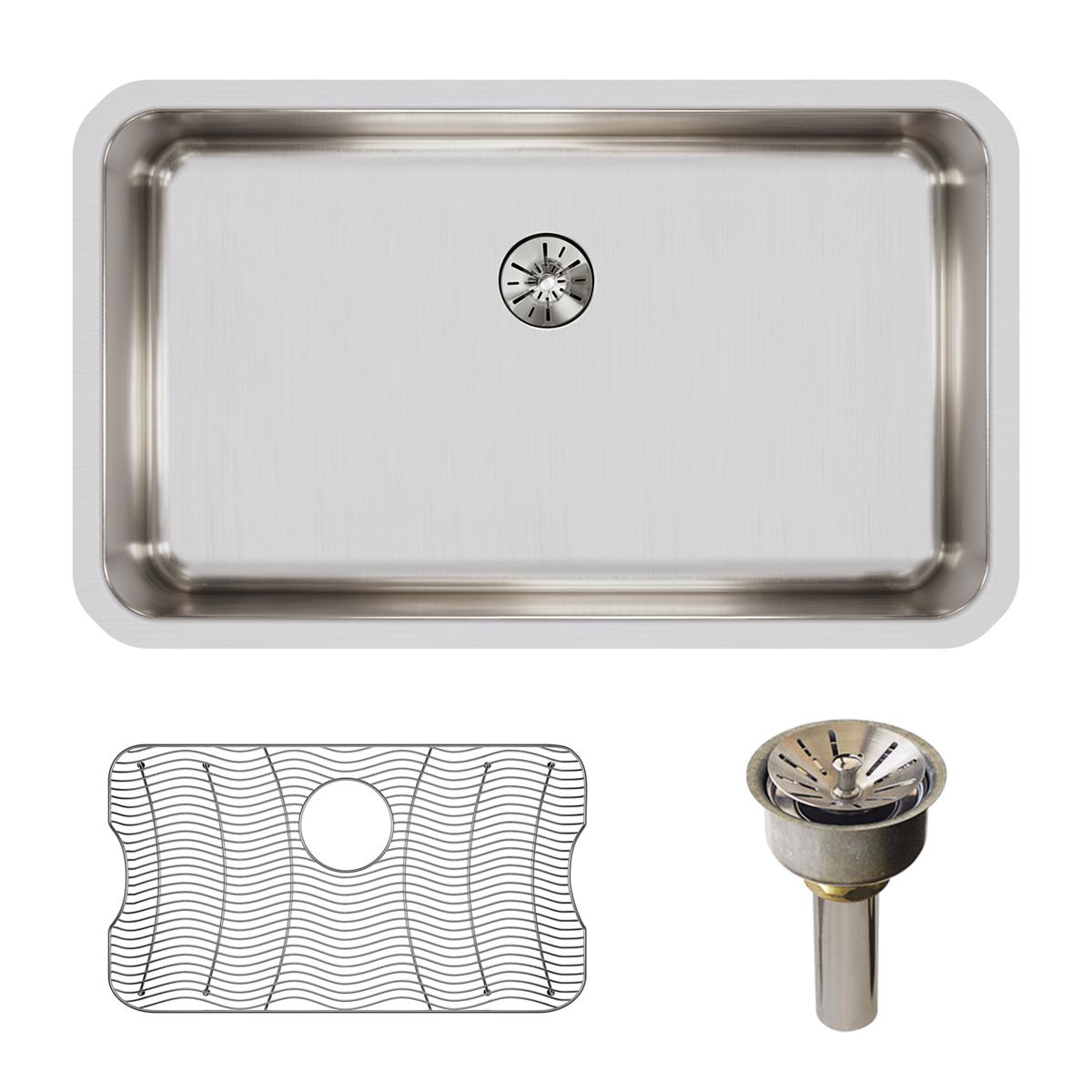 Stainless steel single bowl undermount sink with drain basket and strainer included, brushed finish.