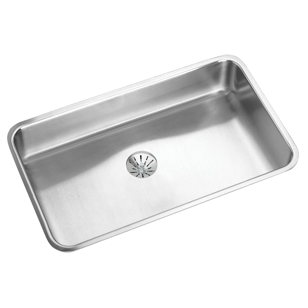 Stainless steel single bowl undermount sink with rounded corners and center drain opening.