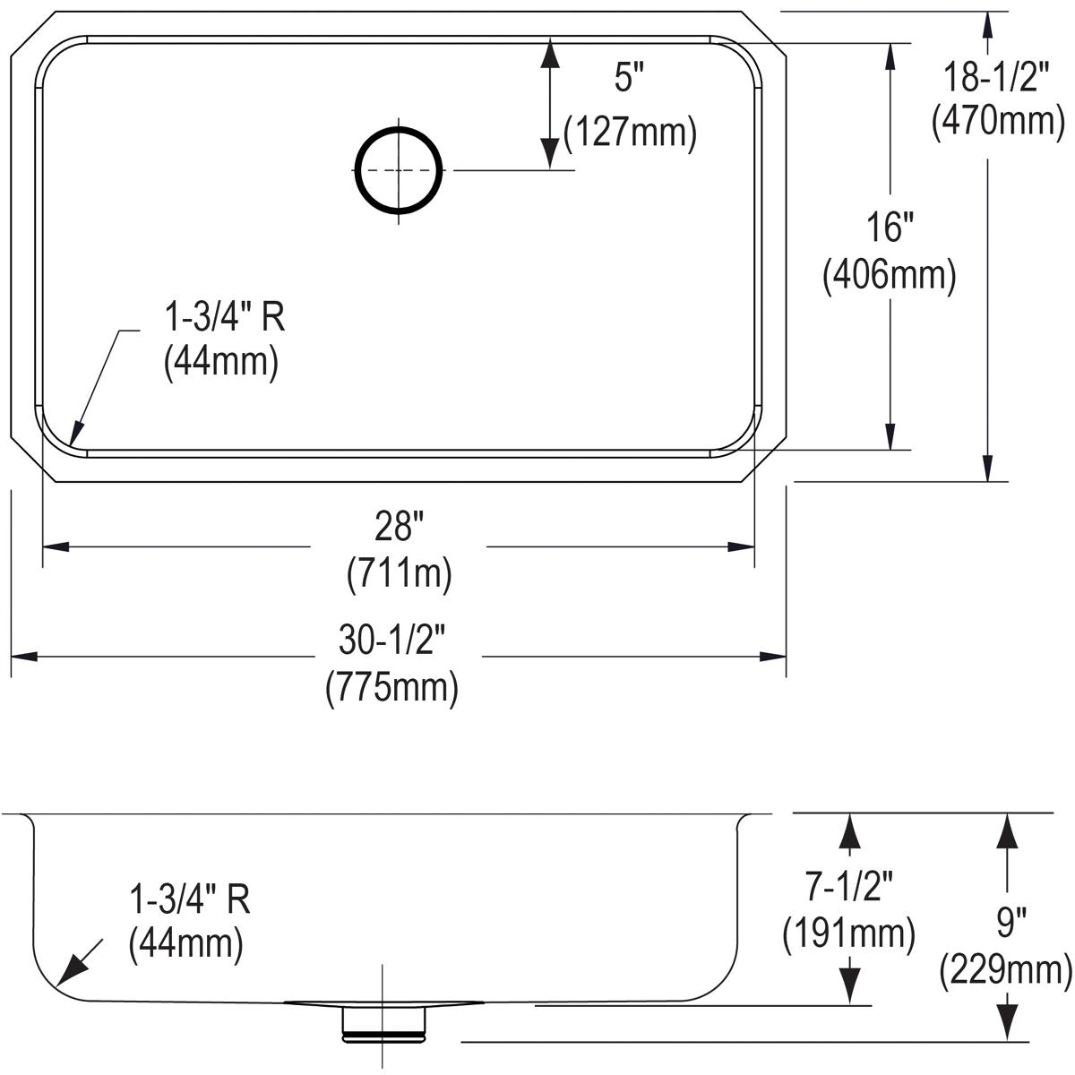 Stainless steel single bowl undermount sink with rounded corners and centered drain hole, shown in top and side technical dra
