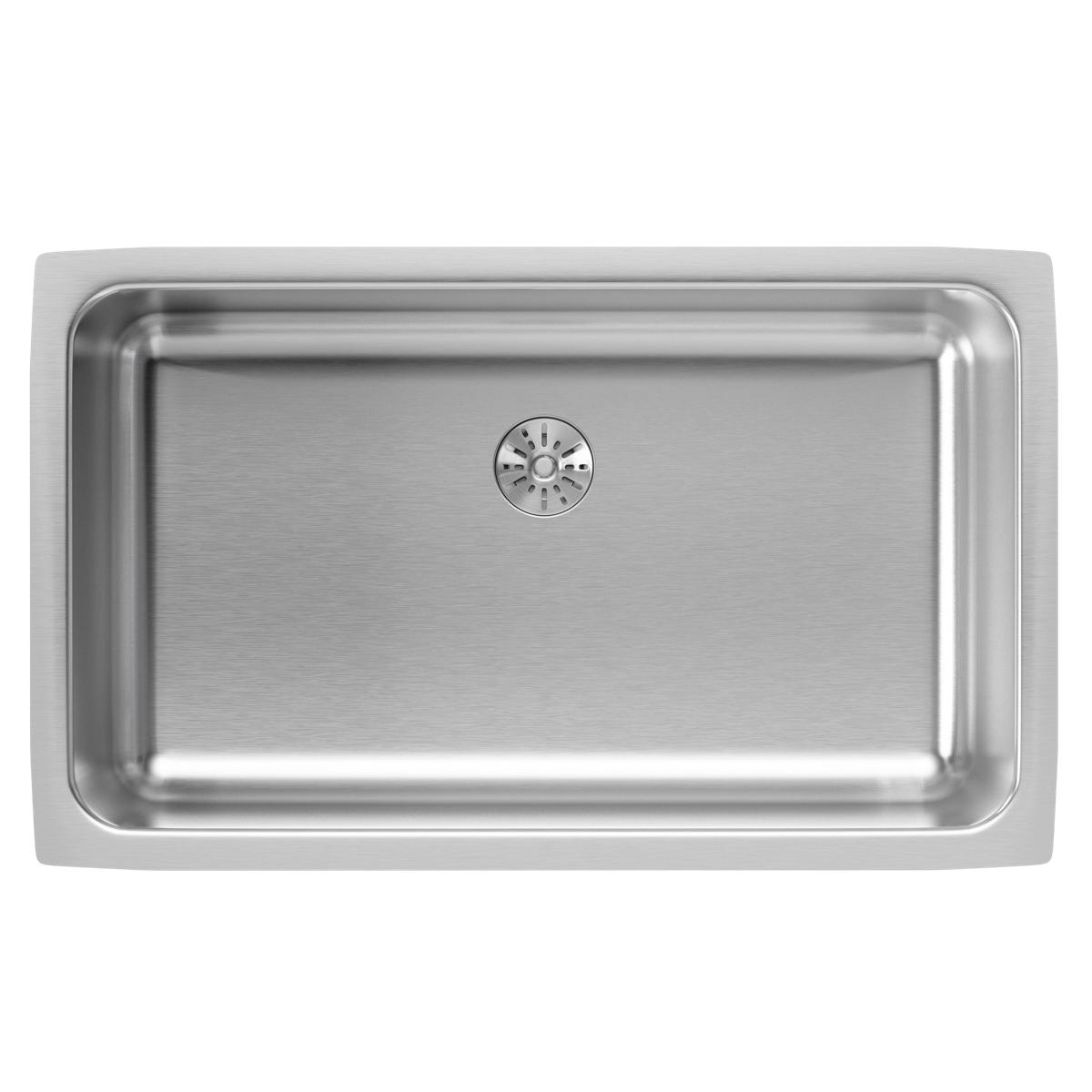 Stainless steel single bowl undermount sink with brushed finish and centered drain opening, viewed from above.
