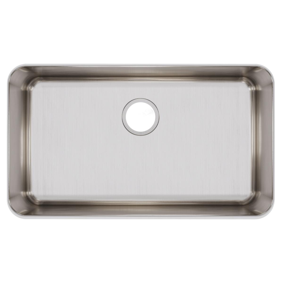 Stainless steel single bowl undermount sink with brushed finish and drain hole, viewed from above.