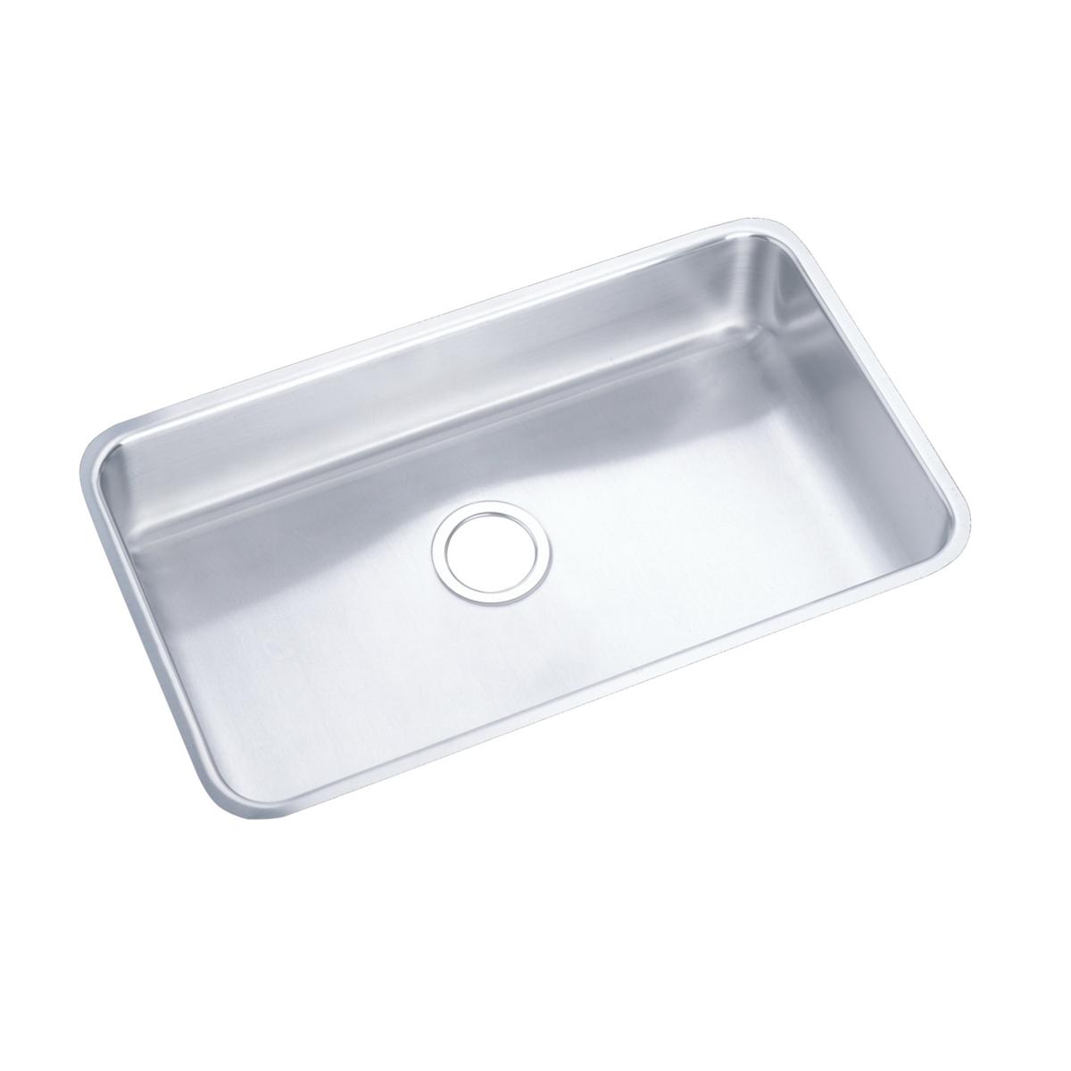 Stainless steel single bowl undermount sink with rounded corners and drain opening, viewed from above at an angle.