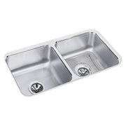 Stainless steel double bowl undermount sink with two equal-sized basins and drain strainers visible.