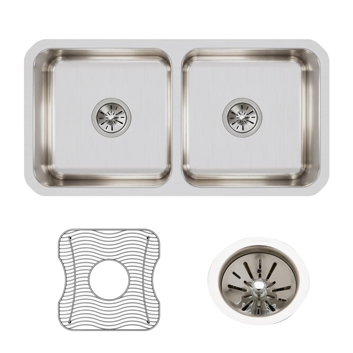 Stainless steel double bowl undermount sink with two circular drain strainers and included grid and basket strainers.