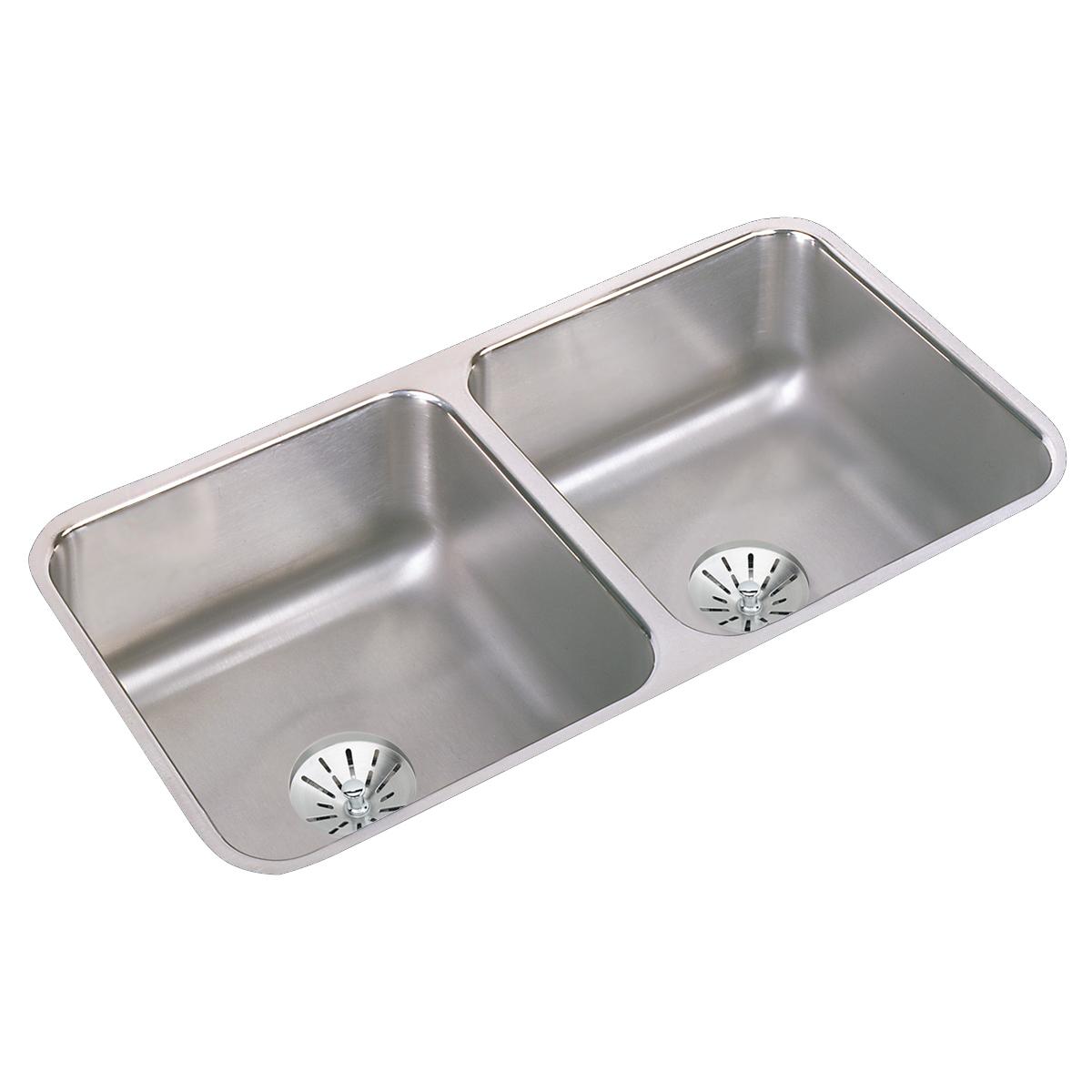Stainless steel double bowl undermount sink with two drain strainers and rounded corners.