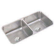 Stainless steel double bowl undermount sink with two drain strainers and rounded corners.