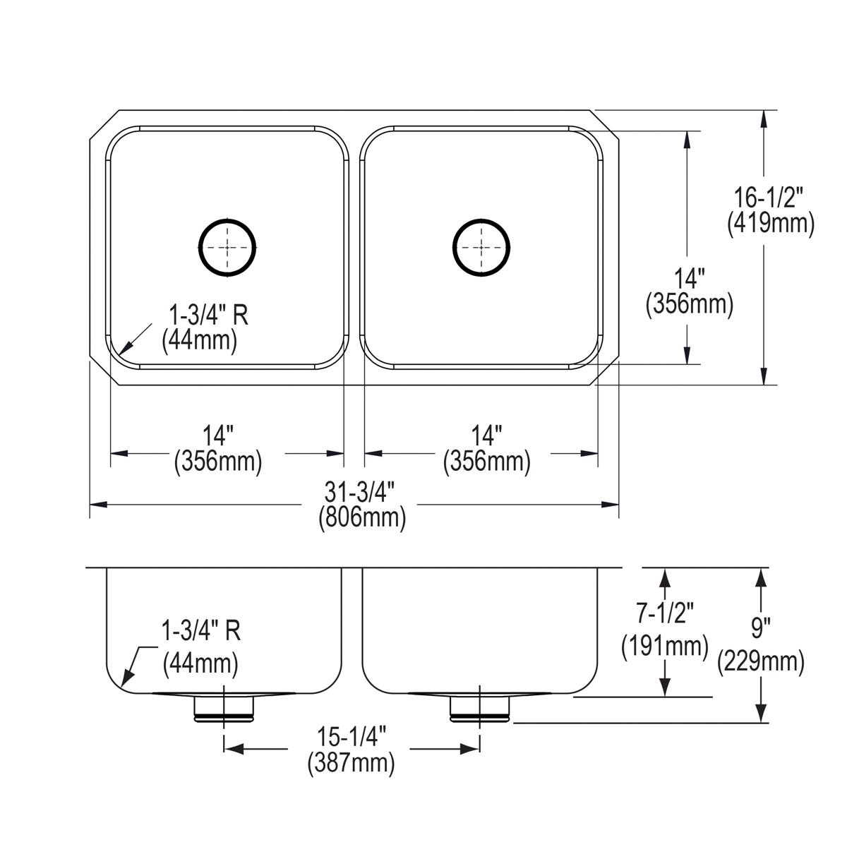 Stainless steel double bowl undermount sink with rounded corners, drain holes, and dimension specifications shown in top and 