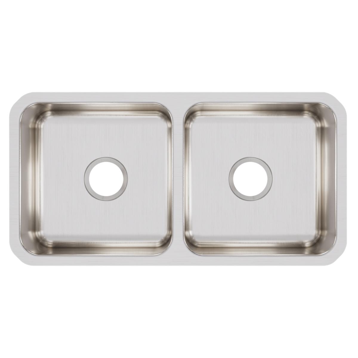 Stainless steel double bowl undermount sink with two equal-sized rectangular basins and drain holes.