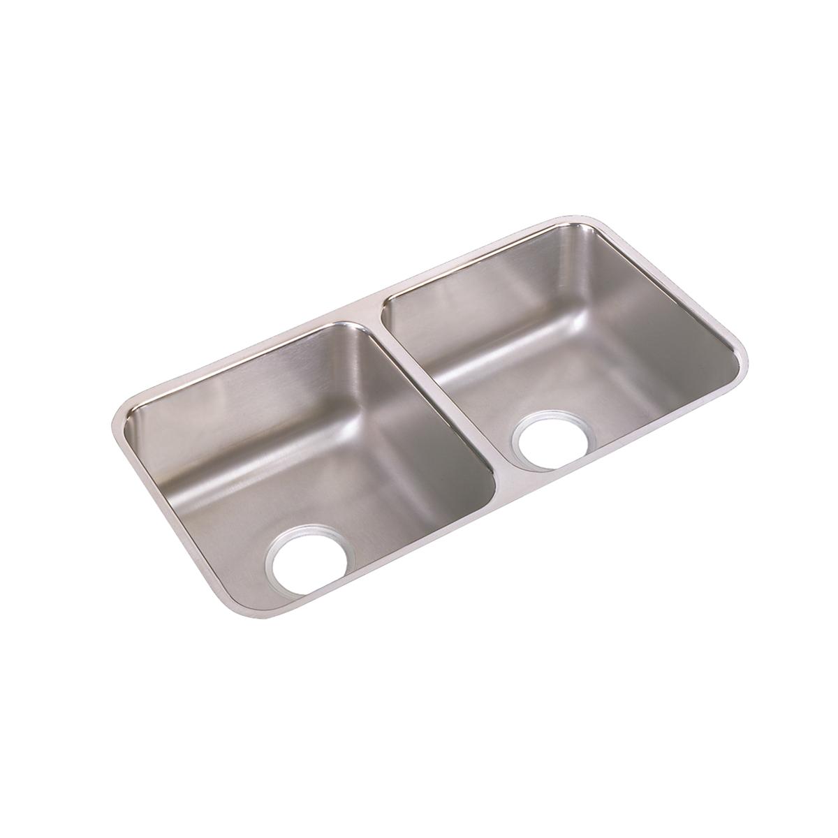 Stainless steel double bowl undermount sink with two equal-sized rectangular basins and drain holes.