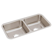 Stainless steel double bowl undermount sink with two equal rectangular basins and drain openings.