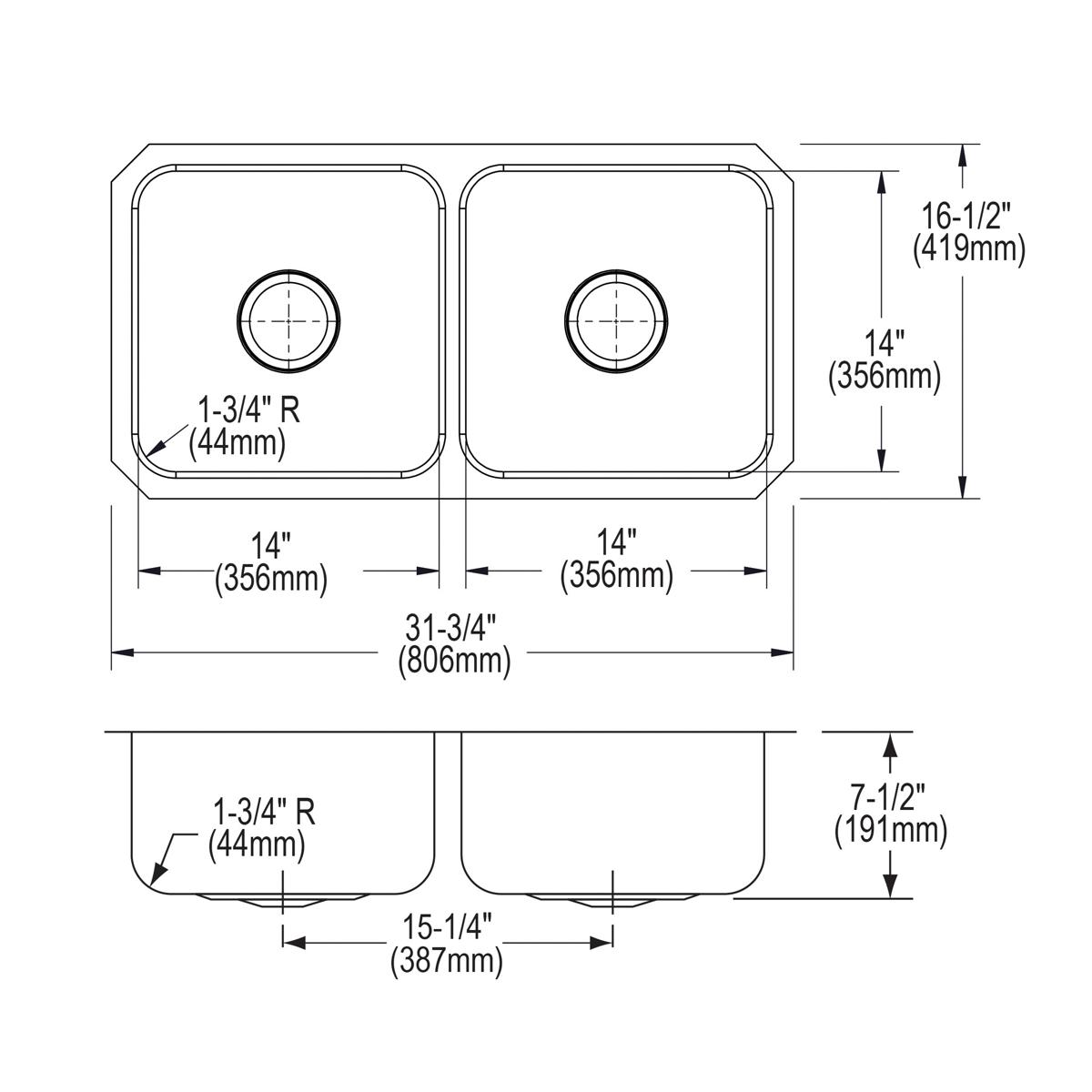 Stainless steel double bowl undermount sink with two equal rectangular basins, shown in top and side technical views with dim