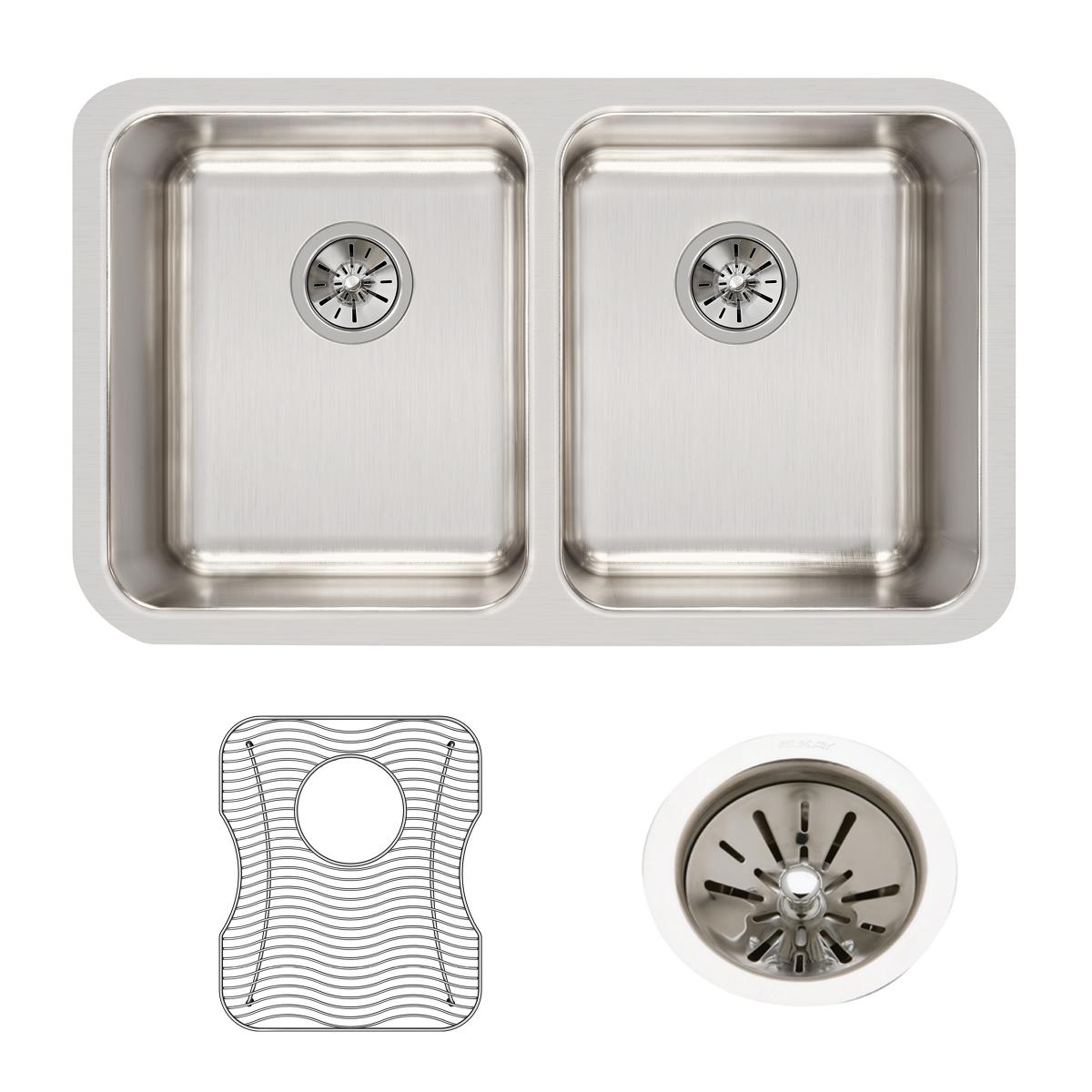 Stainless steel double bowl undermount sink with two equal-sized rectangular basins, drain strainers, and protective grid ins