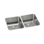 Stainless steel double bowl undermount sink with two equal-sized basins and drain strainers.