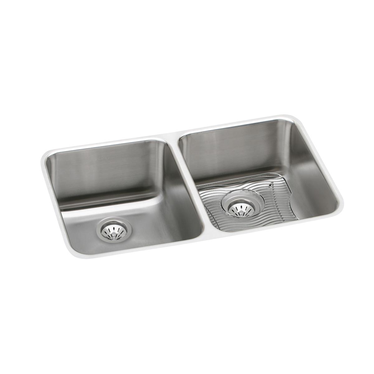 Stainless steel double bowl undermount sink with two equal-sized basins and drain strainers.