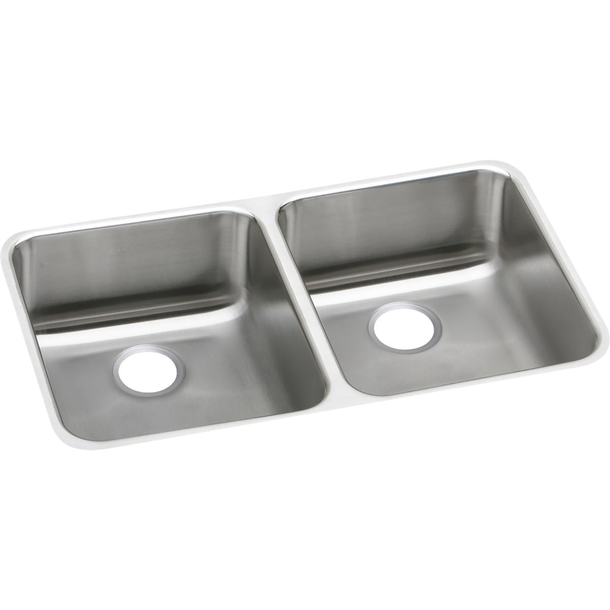 Stainless steel double bowl undermount sink with equal-sized bowls and drain holes.