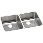 Stainless steel double bowl undermount sink with equal-sized bowls and drain holes.