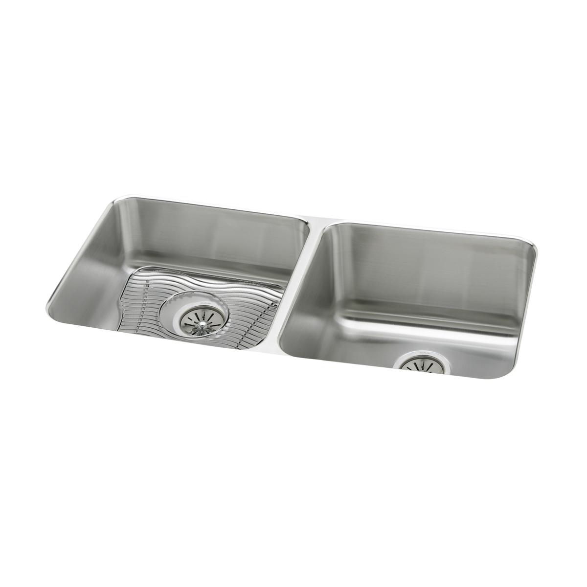 Stainless steel double bowl undermount sink with equal-sized bowls, left drain, and included grid insert.