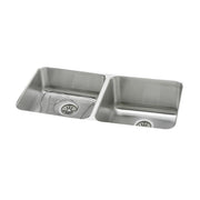 Stainless steel double bowl undermount sink with equal-sized bowls, left drain, and included grid insert.