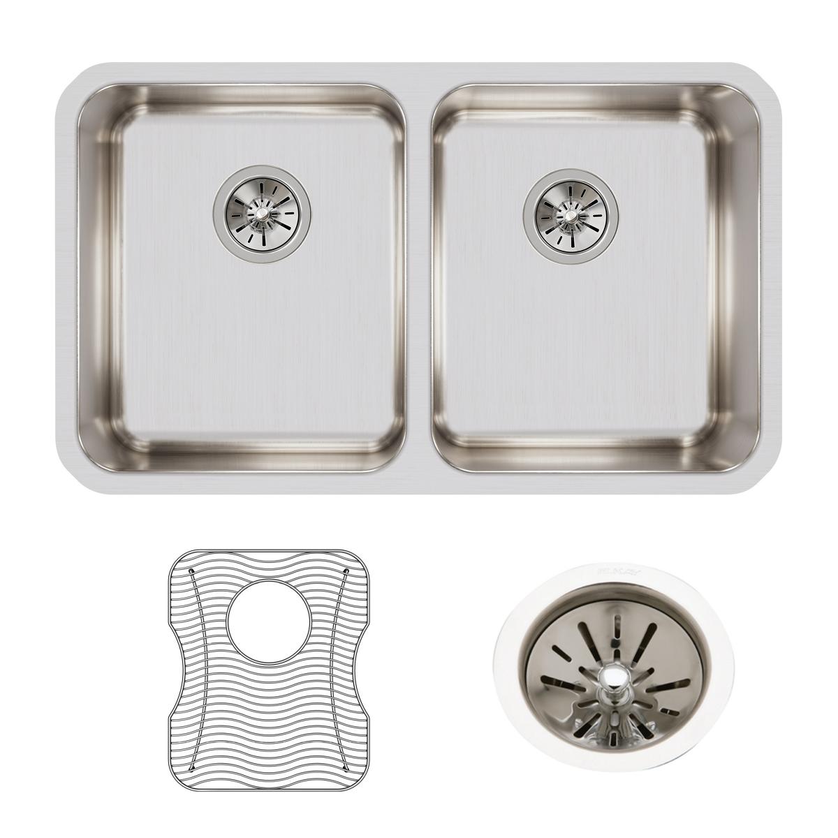 Stainless steel double bowl undermount sink with two drain strainers and included rubber mat, shown from top view.