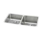 Stainless steel double bowl undermount sink with two equal-sized rectangular bowls and drain openings.
