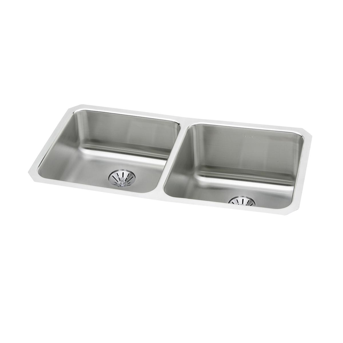 Stainless steel double bowl undermount sink with two equal-sized rectangular bowls and drain openings.