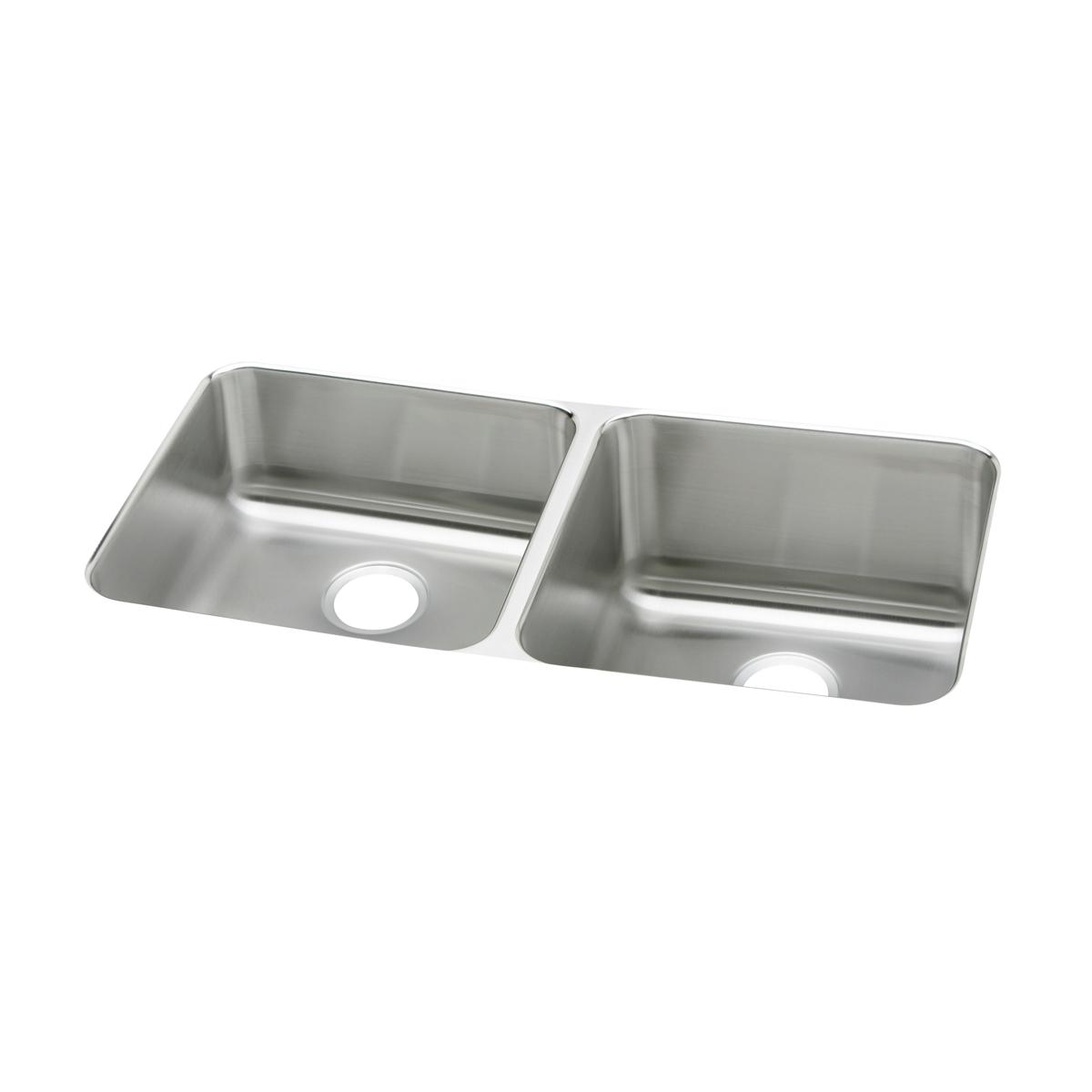 Stainless steel double bowl undermount sink with two equal-sized basins and drain holes visible.