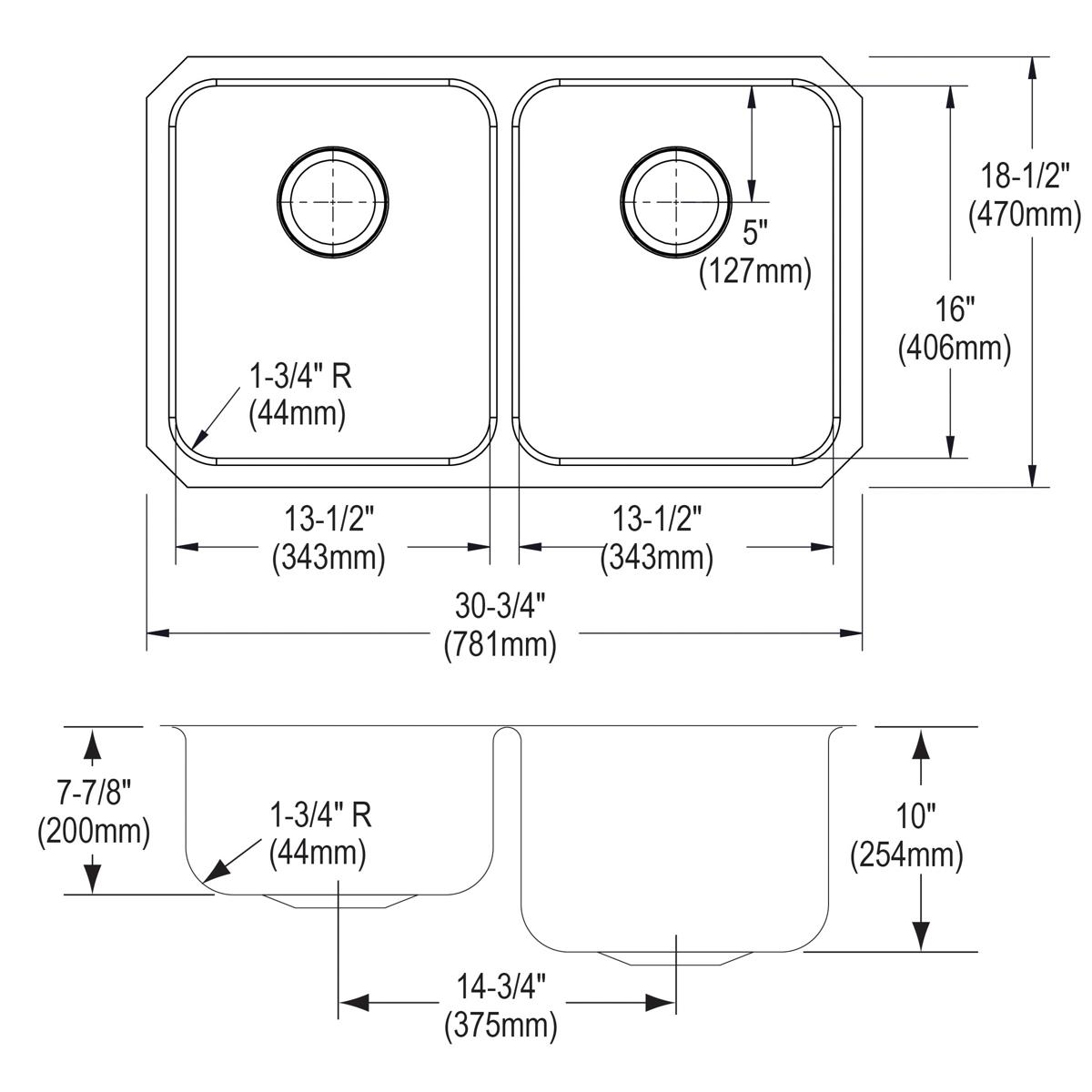 Technical drawing showing top and side views of a stainless steel double bowl undermount sink with dimensions and drain place